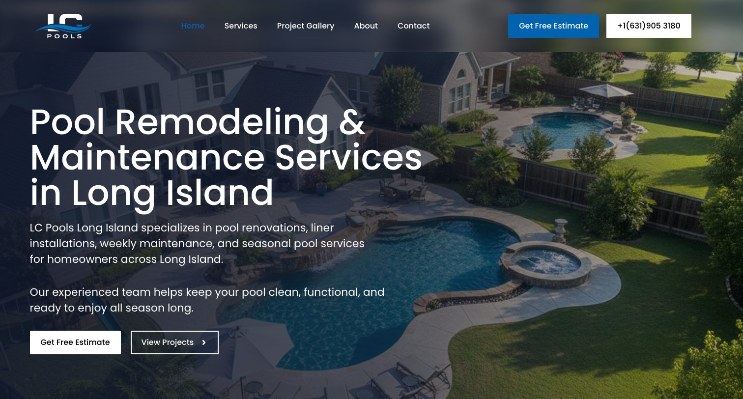LC Pools Long Island website on a laptop