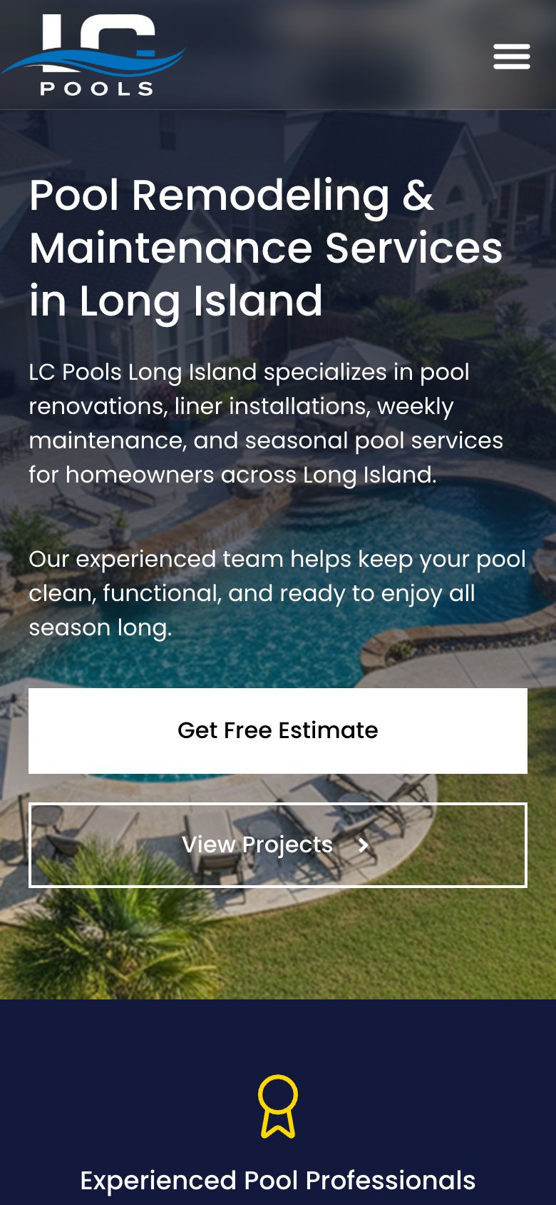 LC Pools Long Island website on a phone
