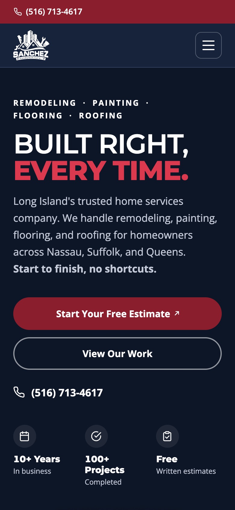 Sanchez Handyman Corp website on a phone